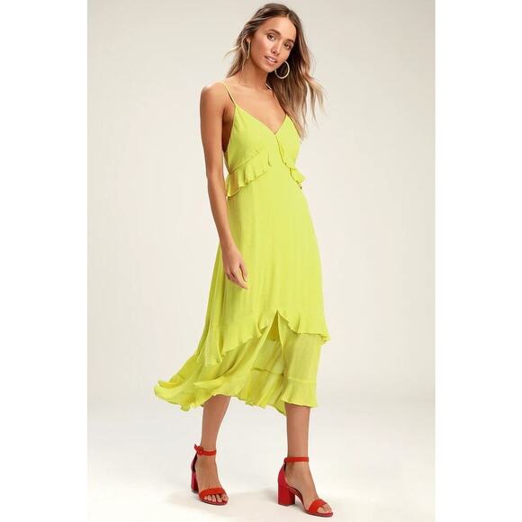 Lulus “Island Time” Lime Green Ruffled Sleeveless Midi Dress – Size Medium - Picture 7 of 9